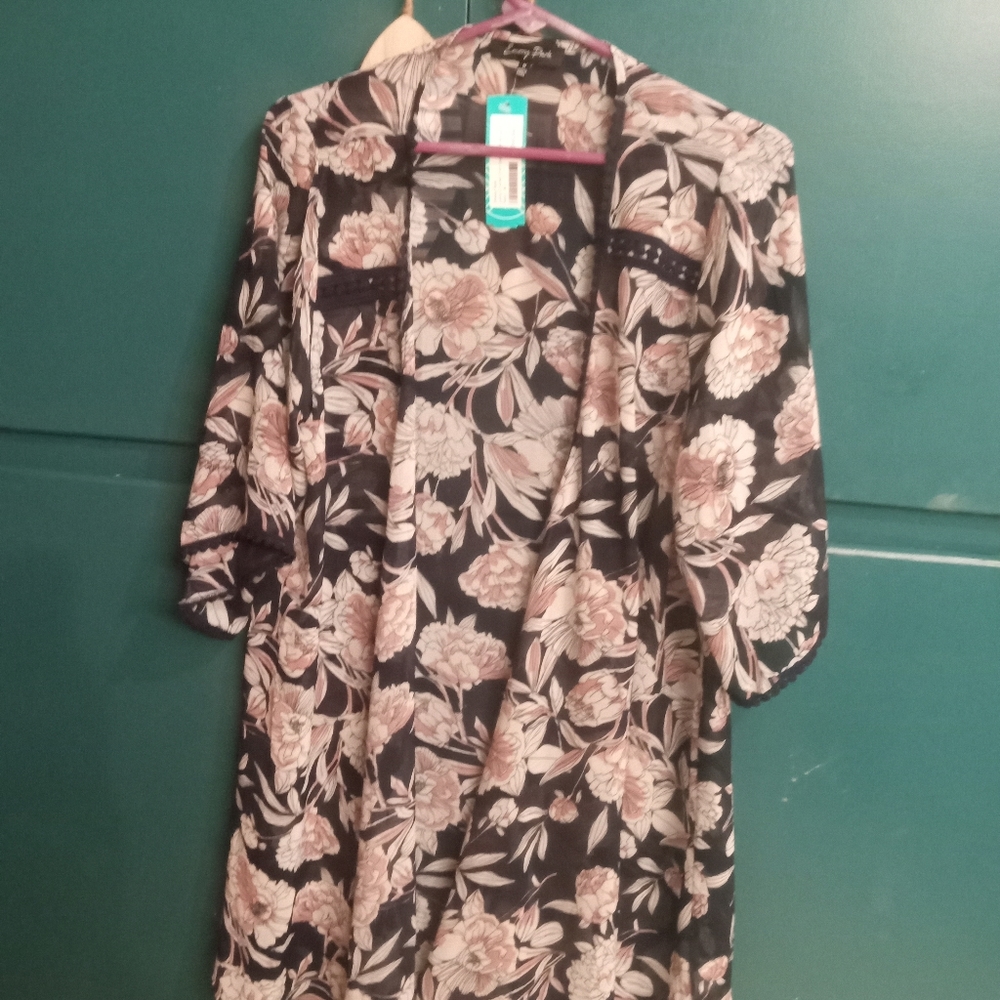 Women's medium landy crochet trim open front woven top navy with white and mauve